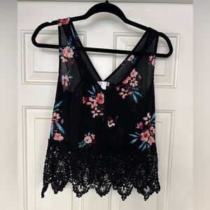 Black Floral Lace Hem V Neck Tank Top Sleeveless Blouse